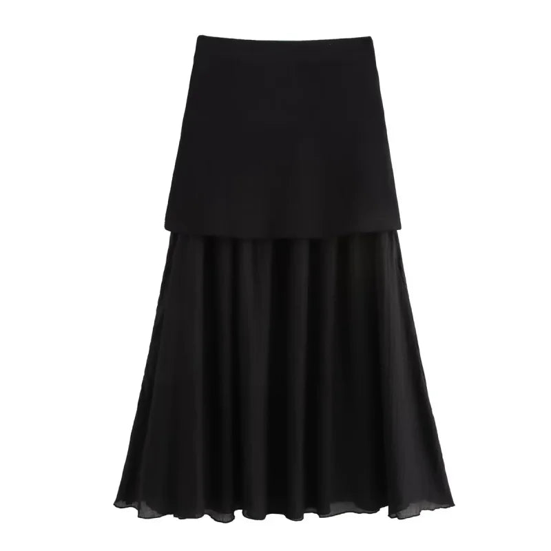 ETJ 2025 spring new  women's elegant fashion same color splicing small pleated hem high waist knit skirt