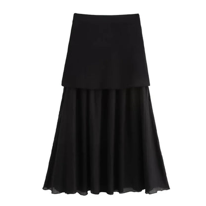 ETJ 2025 spring new  women's elegant fashion same color splicing small pleated hem high waist knit skirt