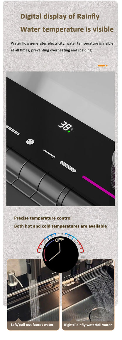 Blue Whale Arowana Multifunctional Kitchen Sink Single Bowl Nano Black Honeycomb LED Digital Display Stainless Steel for Home