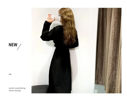 Hebenopis Damen Langes Kleid 2025, Frühling und Herbst, neues, tailliertes, schlankmachendes, elegantes schwarzes Kleid, Kleidung, schmale Passform für Damen.