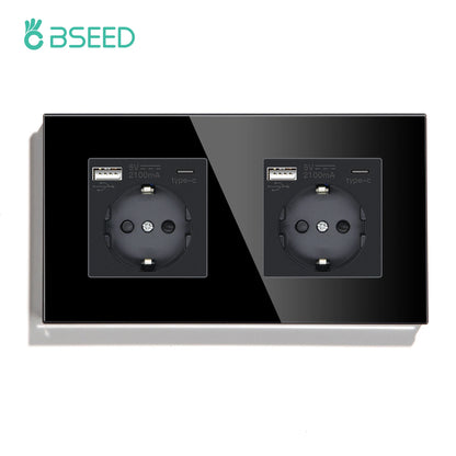 BSEED Touch-Lichtschalter mit EU-USB-Steckdosen, schwarze Wand-LED-Schalter, 1/2/3 Gang, 1-Wege-Kristall, dunkelblaue Hintergrundbeleuchtung, Wandschalter