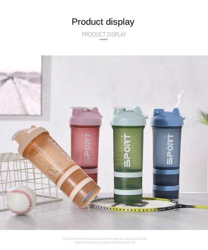 500ML 3-layer Sports Water Protein Powder Shaker Bottle Outdoor Travel Portable Leakproof Drinkware Plastic Drink BPA Free.