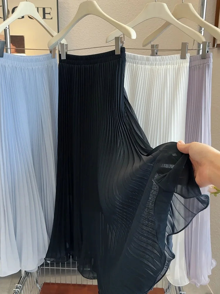 Women's Summer Elegant Pleated Elastic Waist Chiffon Long Skirt Lady High Waist A Line Streetwear Solid Color Skirt.