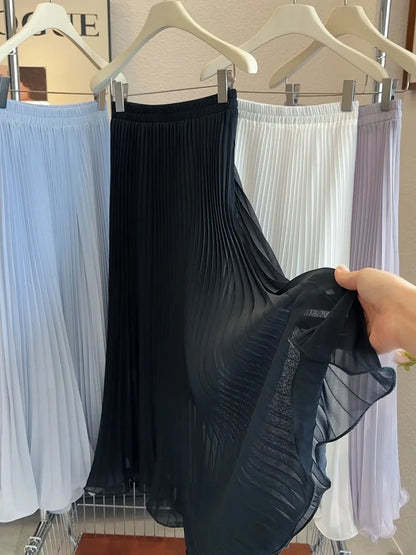 Women's Summer Elegant Pleated Elastic Waist Chiffon Long Skirt Lady High Waist A Line Streetwear Solid Color Skirt.