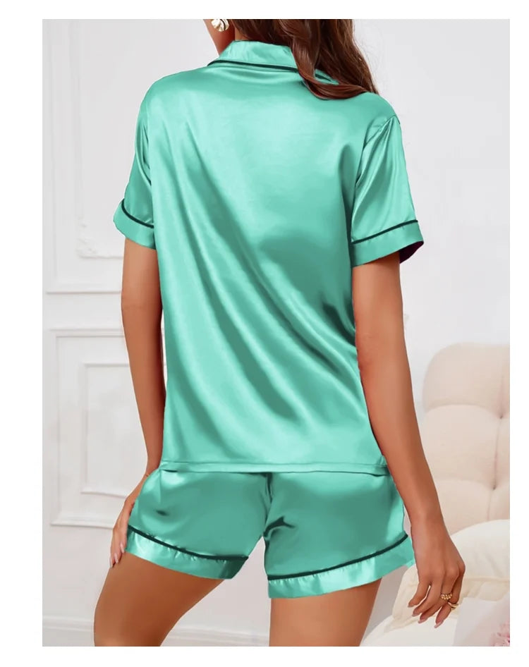 Sommer-Pyjama-Set aus Seidensatin für Damen, Oberteil und Shorts mit Knopfleiste, 2-teilig, Nachtwäsche, gekerbter Kragen, Nachtwäsche, Loungewear für Damen