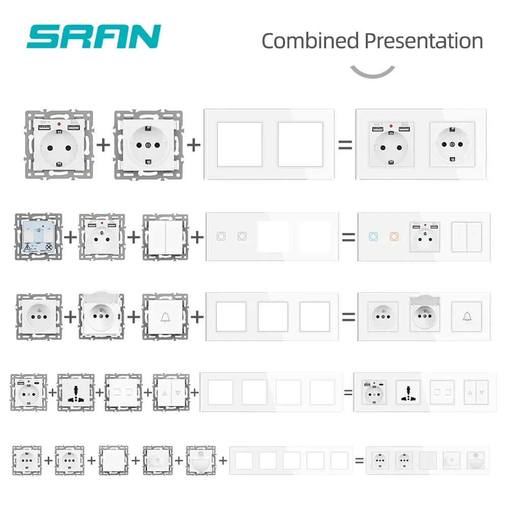 SRAN F6 Serie mehrere Rahmen Weiße Panel aus gehärtetem Glas, EU FR UN-Steckdosen und Schalter Dimmer-Lüfter-Fußlampe Rj45-Modul DIY.