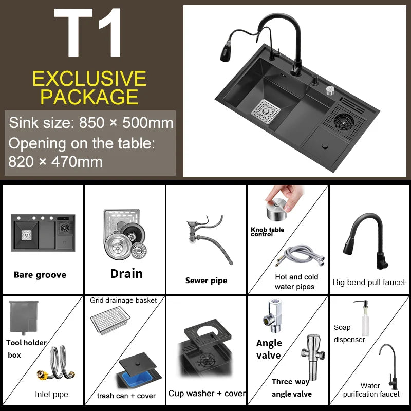 Stainless Steel Kitchen Sink Stepped Large Single Slot Wash Dish Vegetables Basin Multifunctional With Cup Washer Knife Holder