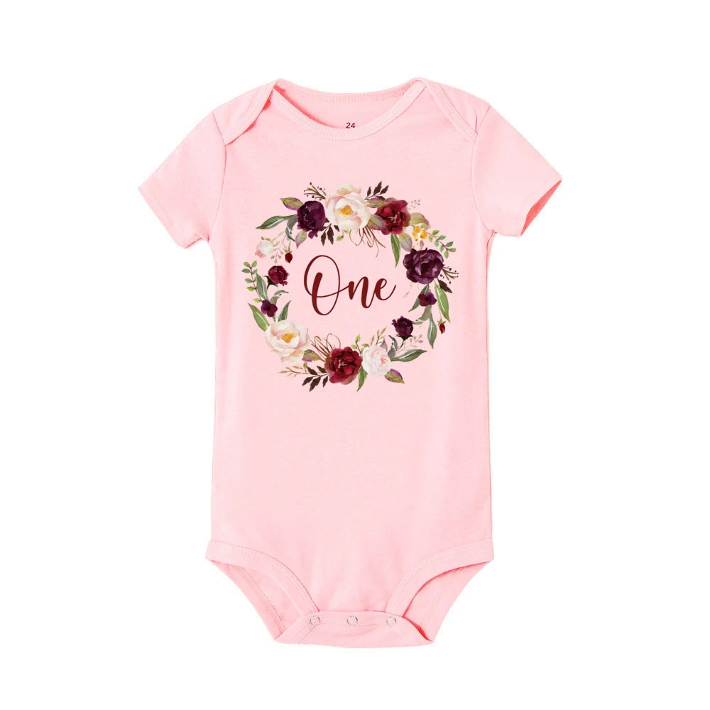 Kleinkind-Body mit Blumen- und Ein-Druck, lässig, kurzärmelig, für den ersten Geburtstag, Baby-Strampler, Sommer-Geburtstagsfeier, Blumenmädchen-Kleidung.