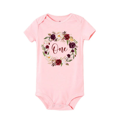 Kleinkind-Body mit Blumen- und Ein-Druck, lässig, kurzärmelig, für den ersten Geburtstag, Baby-Strampler, Sommer-Geburtstagsfeier, Blumenmädchen-Kleidung.