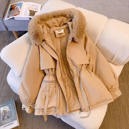 Neue frauen Baumwolle Gefütterte Plüsch Warme Mantel 2024 Herbst Winter Parkas Mantel frauen Lange Sleeve Zipper Mit Kapuze Kordelzug parkas