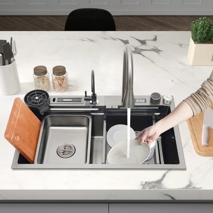 Küchenspüle aus Edelstahl mit ausziehbarem Wasserhahn, Wasserfallspüle mit Digitalanzeige, multifunktionale Küchenspüle für die Arbeitsstation