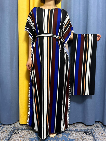 Abayas For Women 2024 Printed Vertical Stripe Tassels Elasticity Loose Fit Femme Robe African Woman Dresses With Belt Headscarf.