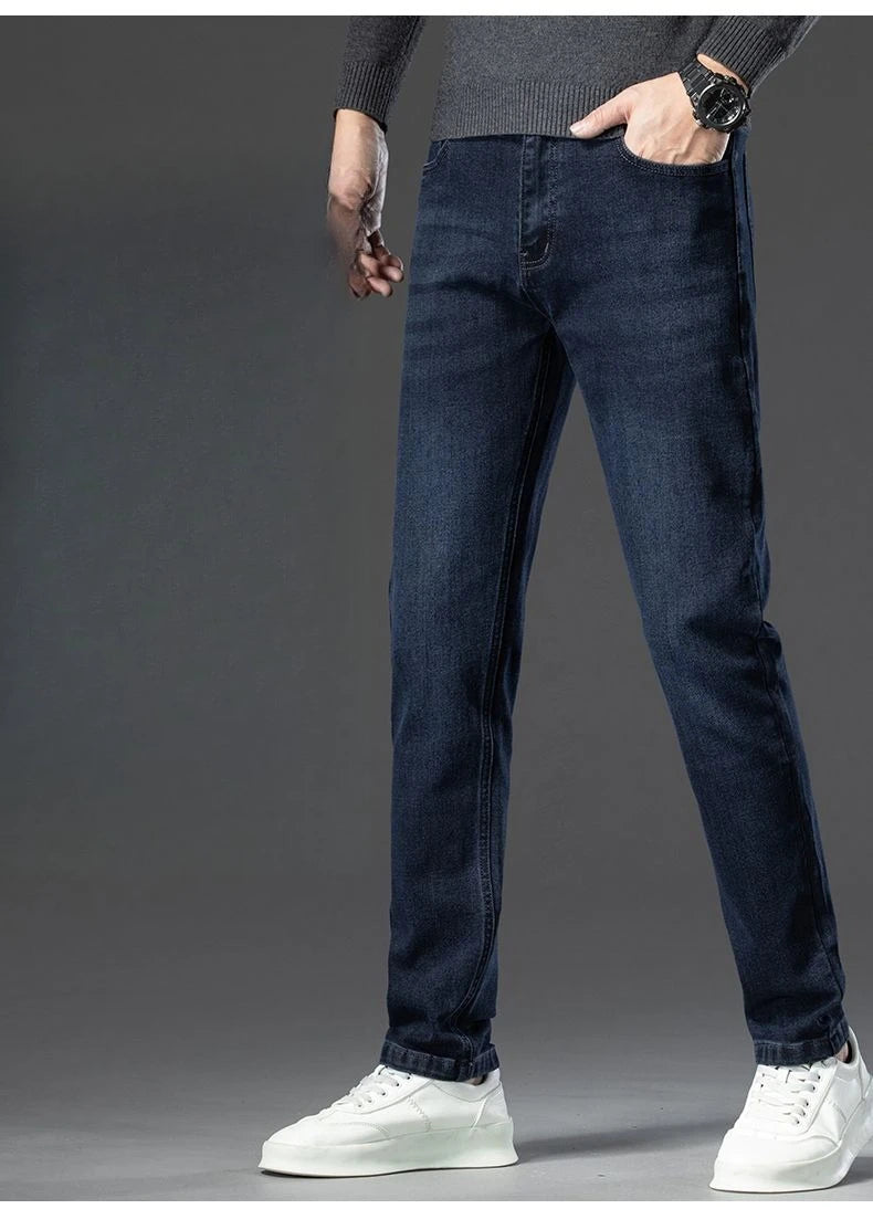 Autumn New Men's Business Jeans High Elasticity Straight Denim Trousers Men's Pants Work Clothes Haze Blue Black Gray Brand.