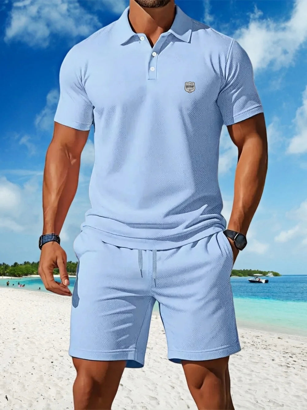 2025 Men's casual sports mesh set, summer T-shirt fashionable, comfortable and breathable lapel beach two-piece set.