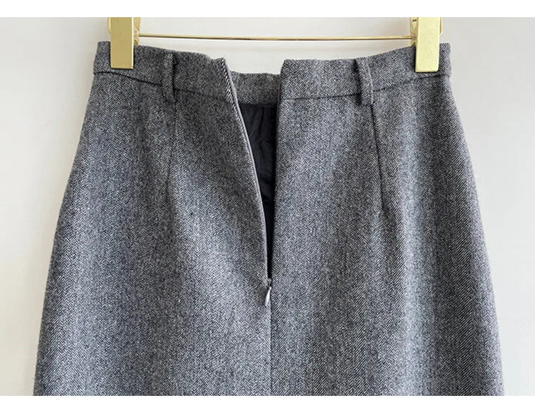 Gray Pencil Skirts Belted Elegant Women Slim Office Ladies Casual A-Line High Waist Split Midi Skirt Autumn Winter.