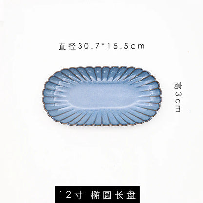 Retro Household Ceramic Tableware Kiln Variable Glaze Western Plate Creative Long Plate Main Dish Dinner Plate Kitchen Supplies