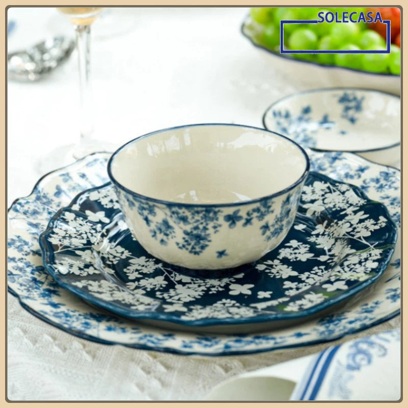 SOLECASA English Retro Ceramic Tableware Blue Flowers Pattern Household Salad Bowls Steak Plate Fruit Dessert Plates Dinnerware.