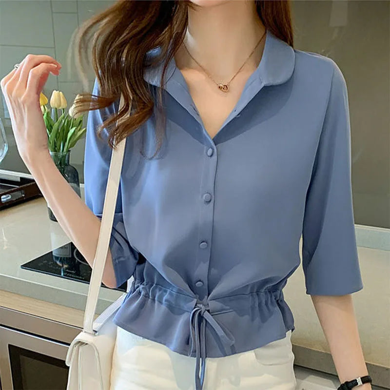 Summer Women All-match Solid Turn-down Collar Half Sleeve Chiffon Shirt Fashion Casual Shirring Single-breasted Blouses Female.