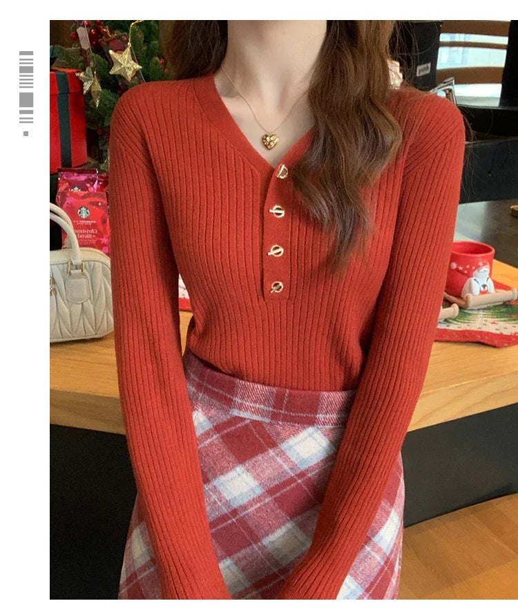 2023 herbst Winter Frauen Pullover Beiläufige Dünne Taste Gestrickte Pullover Pullover Femme Grundlegende Solide Jersey Tops Mode Kleidung.