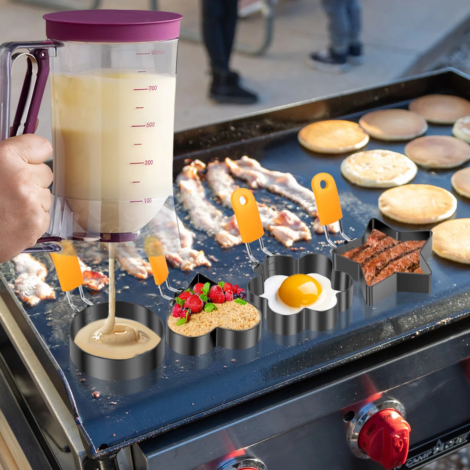 Handheld Batter Dispenser with Fried Egg Mold Set Pancake Cupcake Batter Dispenser Muffin Waffles Pastry Paste Distribution Tool.