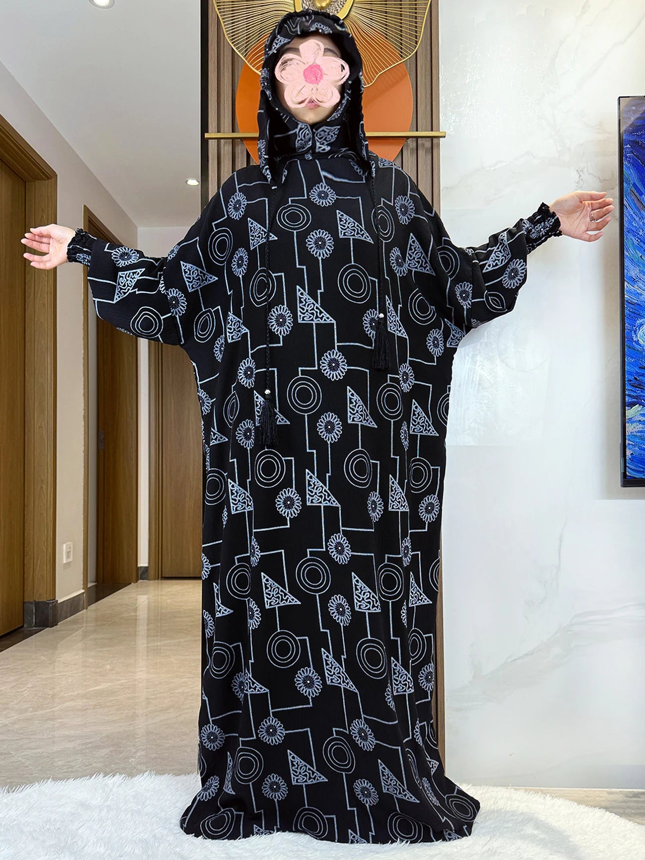 Promotion New Double Hat Women Abaya With Hooded Irregular Pattern Long Abaya Tassel Muslim Saudi Prayer Kaftan Oriental Robes.