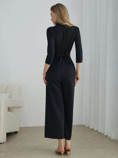 Elegant Pure Color V-Neck Sleeveless Wide Leg Jumpsuit Women's Spring Autumn Fashionable Comfortable Polyester One-Piece Suit.