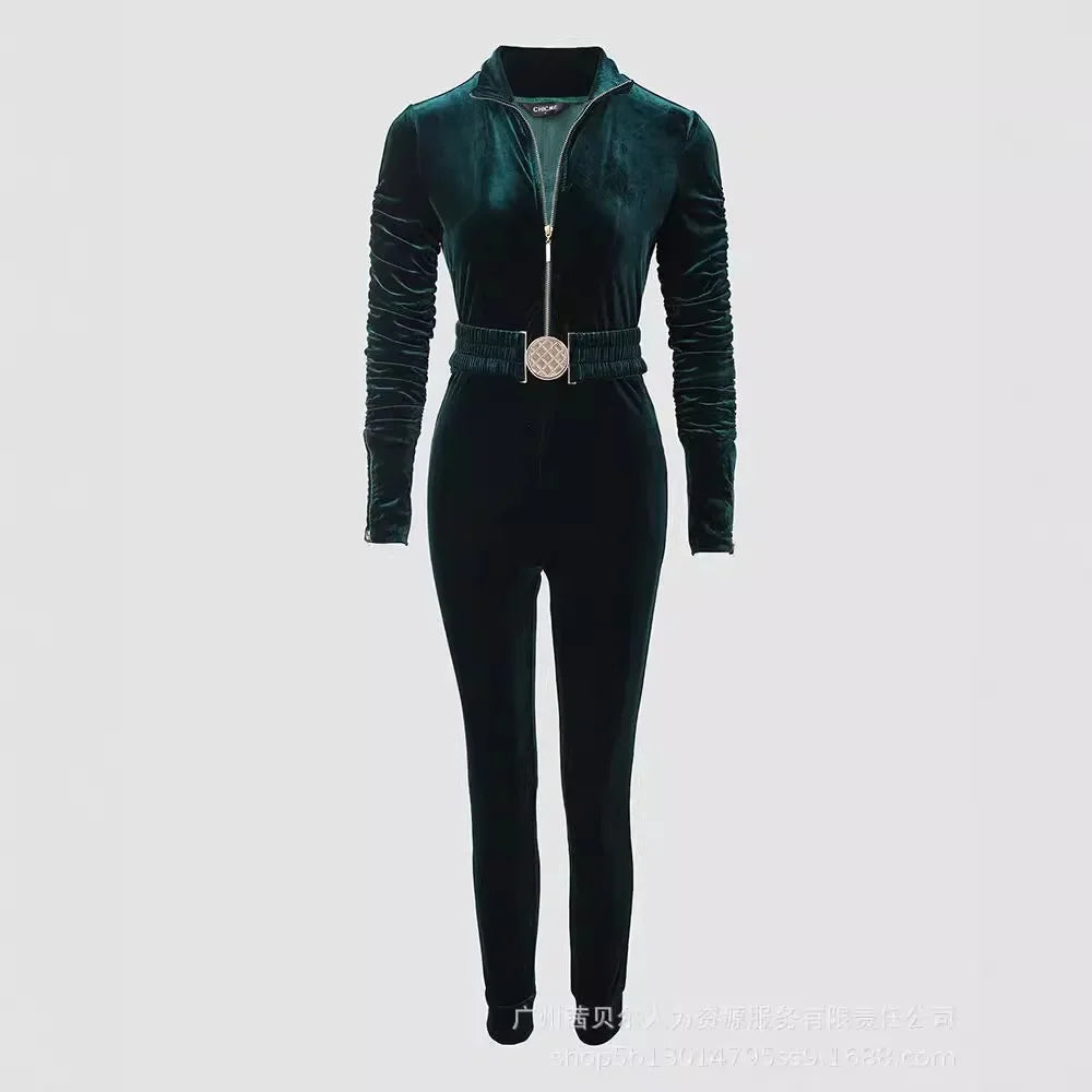Sexy Women Bodycon Jumpsuits Velvet Zipper Design Sheath Jumpsuits Ruched Long Sleeve Jumpsuit with Elastic Waistbelt for Female.