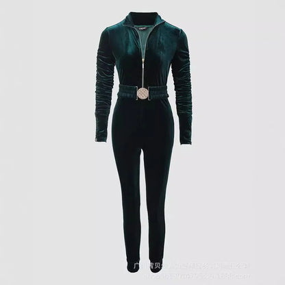 Sexy Women Bodycon Jumpsuits Velvet Zipper Design Sheath Jumpsuits Ruched Long Sleeve Jumpsuit with Elastic Waistbelt for Female.