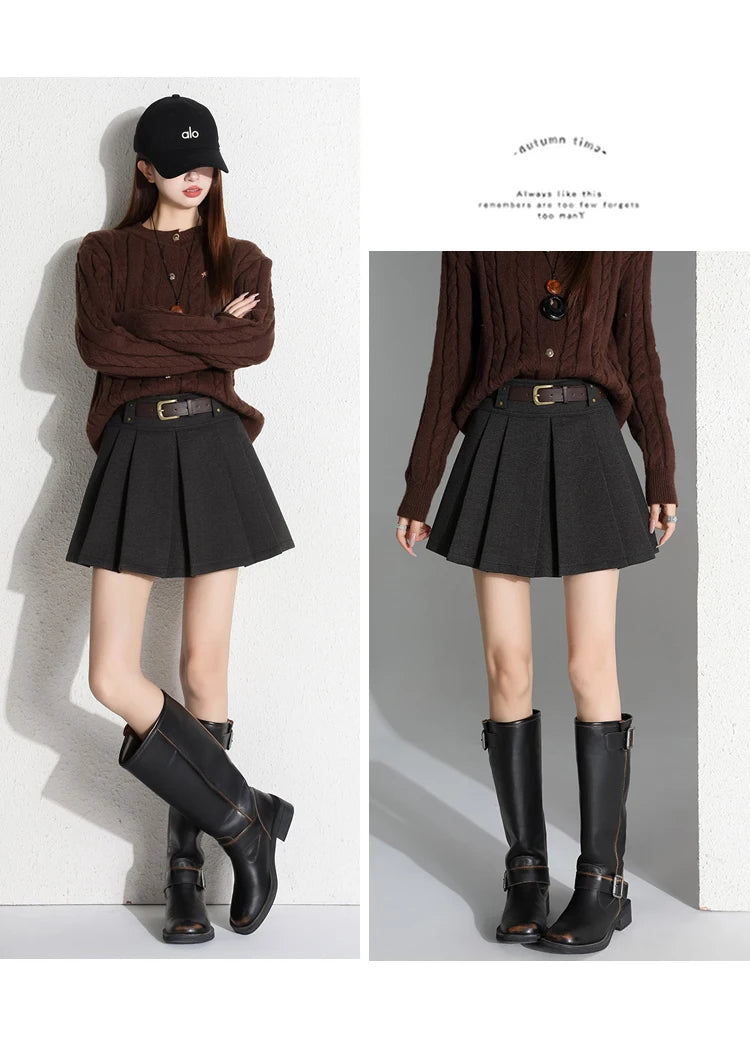 Preppy Style Coffee Woolen Skirt for Women Autumn Winter 2025 Chic High-waisted Mini Skirt Female Korean Thick Outwear Faldas.
