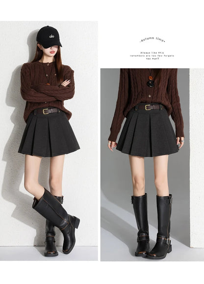 Preppy Style Coffee Woolen Skirt for Women Autumn Winter 2025 Chic High-waisted Mini Skirt Female Korean Thick Outwear Faldas.
