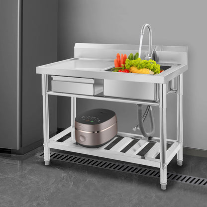 Verdicktes Edelstahl-Spülbecken mit Wasserhahn und Schublade, 150 kg Tragkraft 100 x 60 x 80 cm, für Küche, Restaurant, Wäsche, Garage
