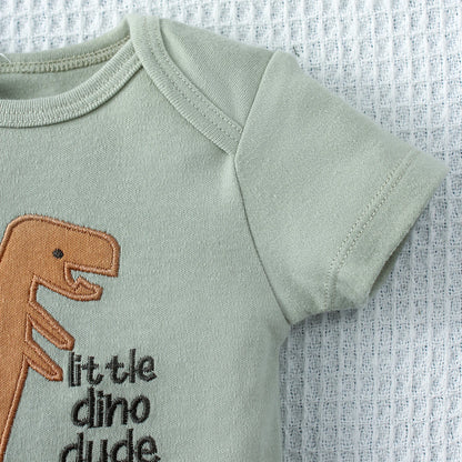 3-teiliges Sommer-Baby-Body, dreiteiliges Set mit Cartoon-Dinosaurier-Muster und Streifenmuster, Knopf-Design für Jungen im Alter von 0–9 Monaten.