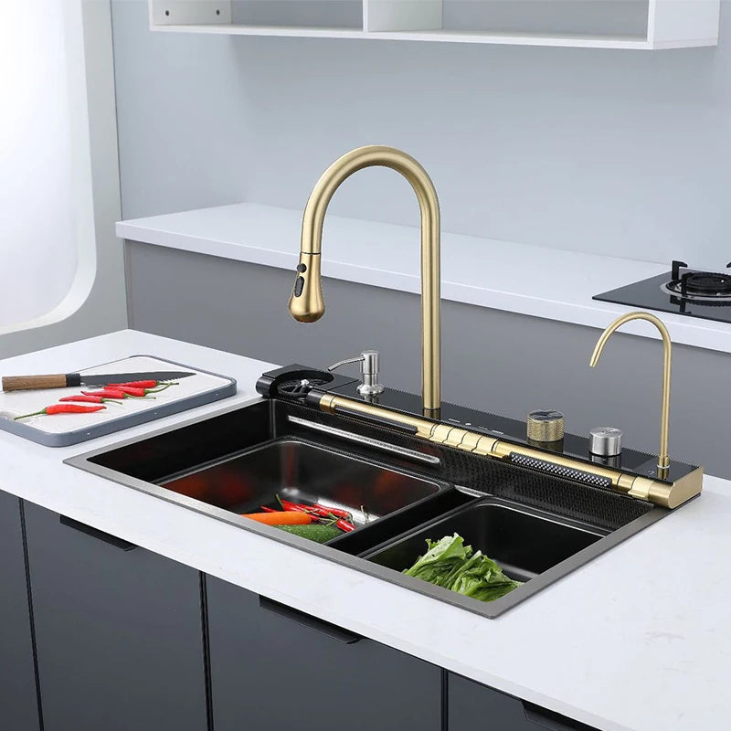 Golden Household Stainless Steel Waterfall Kitchen Sink MultiFunction Wash Vegetable and Dish Countertop Basin Large Single Slot