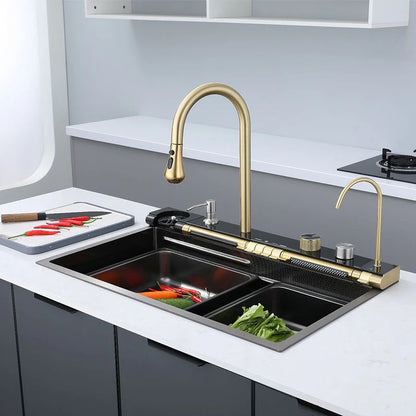 Golden Household Stainless Steel Waterfall Kitchen Sink MultiFunction Wash Vegetable and Dish Countertop Basin Large Single Slot