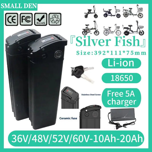 Silver Fish 36V/48V/60V 10Ah 20A lithium battery pack suitable for 1800W handheld folding two wheeled scooter battery+5A charger.