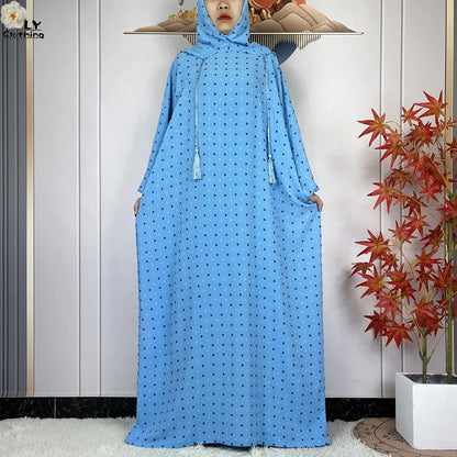 2024New Pure Cotton Ramadan Muslim Two-Hat Abaya Dubai Turkey Islam Prayer Clothes Loose Robe Islamic Women Traditional Clothing