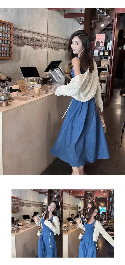 Blue Mist Love Französisches Jeanskleid für Damen, Sommer, einzigartiges Design, Taille, Cinching-Riemen, langes Kleid, elegante blaue Polyesterfaser.