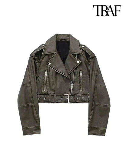 TRAF Damen Vintage lose Lederjacke Gürtel Schulter Abzeichen Zip Revers Jacke Handsome Washed Leder Motorrad Kleidung