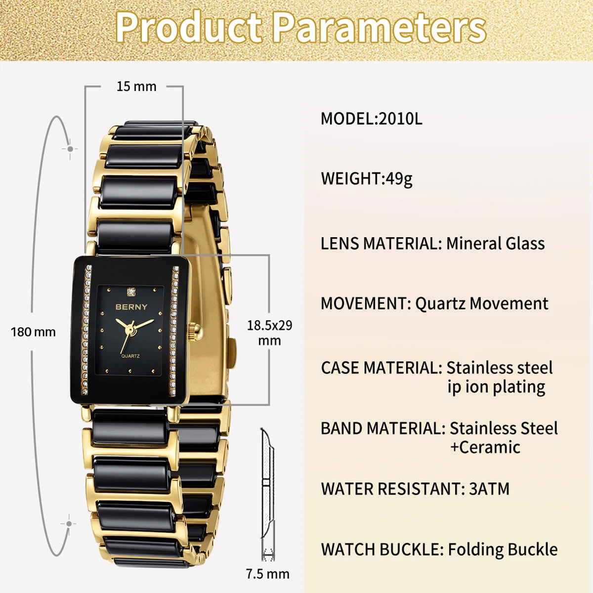 BERNY Ceramics Quartz Women Watch Fashion Rectangle Men/Women Wristwatch Bracelet Luxury Diamon Gold Couple Watches Gift Watches.