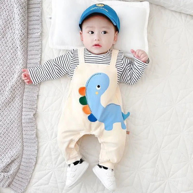 2024 herbst Baby Kleidung Neugeborenen Overall Infant Jungen Falsche 2 Stücke Streifen Patchwork Strampler Kleinkind Cartoon Dinosaurier Ein Stück.
