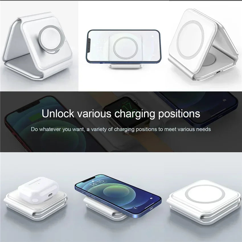 Foldable 3-in-1 Wireless Charger Dock For iPhone 16 15 14 13 12 Pro Max Apple Watch 10/9/8/7/6/5 AirPods Pro Fast Charging Pad.