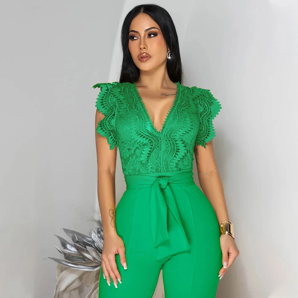 Summer Fashion Lace High Waisted Jumpsuit Women Elegant OL Lace Sleeveless Waistband Straight Jumpsuit Women.