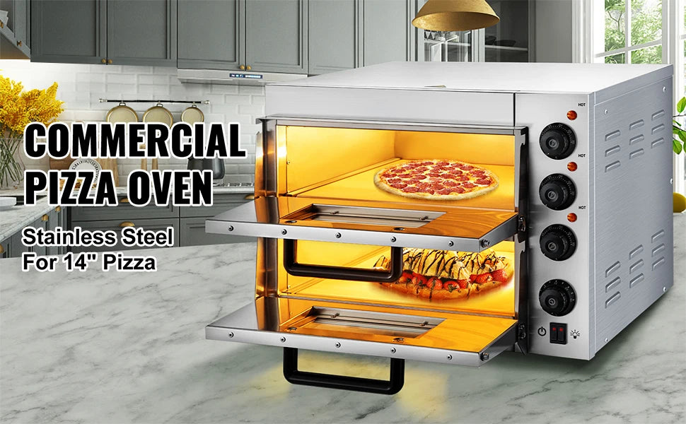 SucceBuy Kommerzieller Pizzaofen auf der Arbeitsplatte, 35,6 cm Doppeldeckschicht, 110 V, 1950 W, elektrischer Pizzaofen aus Edelstahl