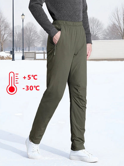 Men's Winter Padded Pants with 3 Zip Pockets 90% White Duck Down Windproof Warm Pants Snow Cold Thermal Down Trousers.