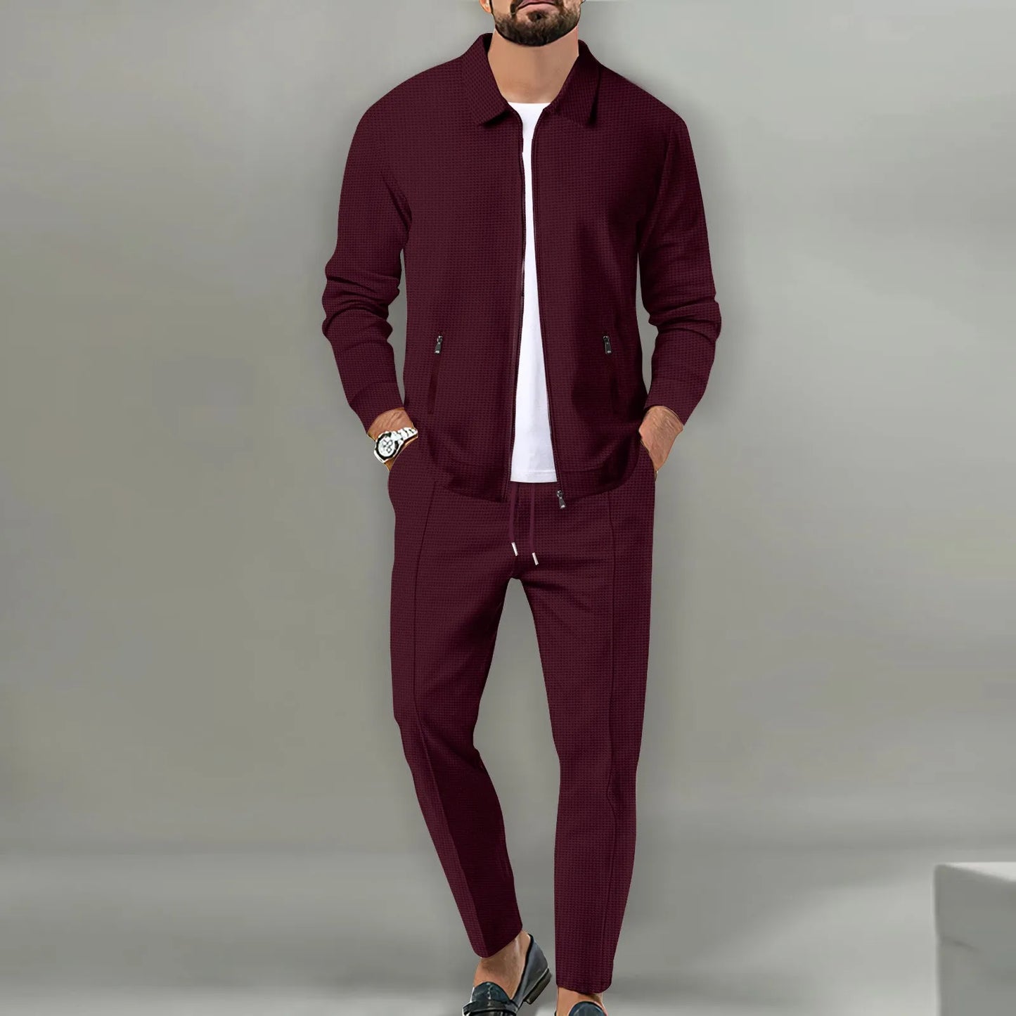 The new 2025 spring and autumn sports men's youth popular solid color jacket jacket trousers two leisure sports suit.