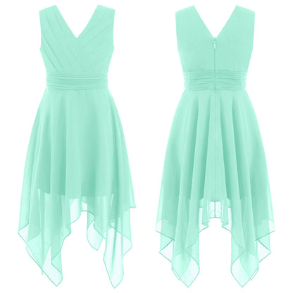 Blumenmädchen-Chiffonkleid mit floraler Spitze, Sommer, ärmellos, hoher, niedriger Saum, formelles Hochzeitskleid für Brautjungfer, Junior, Prinzessin