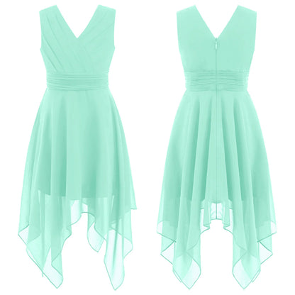 Blumenmädchen-Chiffonkleid mit floraler Spitze, Sommer, ärmellos, hoher, niedriger Saum, formelles Hochzeitskleid für Brautjungfer, Junior, Prinzessin