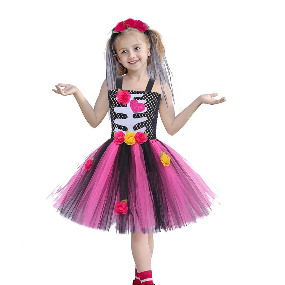 Halloween Kinder Kleid Cosplay Herz druck Skelett Kostüme Mädchen Blumen Schädel Tutu Kleidung Kinder Karneval Leistung Outfits.