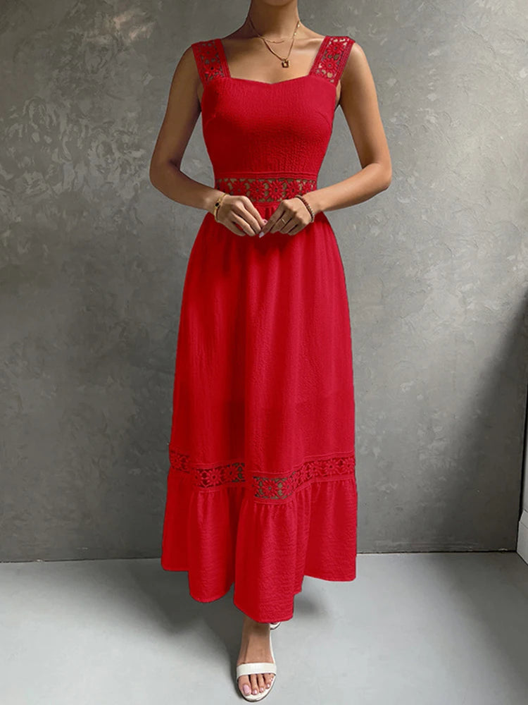 Weiße Lange Kleid Frauen Sommer Sexy Sleeveless Backless Maxi Kleider Damen Elegante Hohle Heraus Spitze Kleid Boho Sommerkleid Vestidos