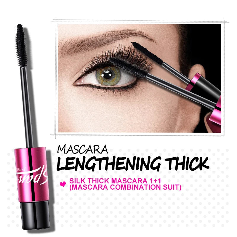 2 in 1 Waterproof Mascara 4d Silk Grafted Fiber Eyelash Lengthening Dense And Long Lasting No Halo Dye Long Beauty Makeup Set.